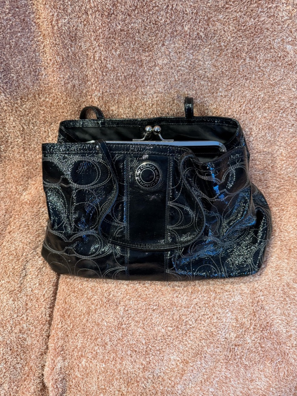 Coach Black Patent Signature Frame Shoulder Bag
